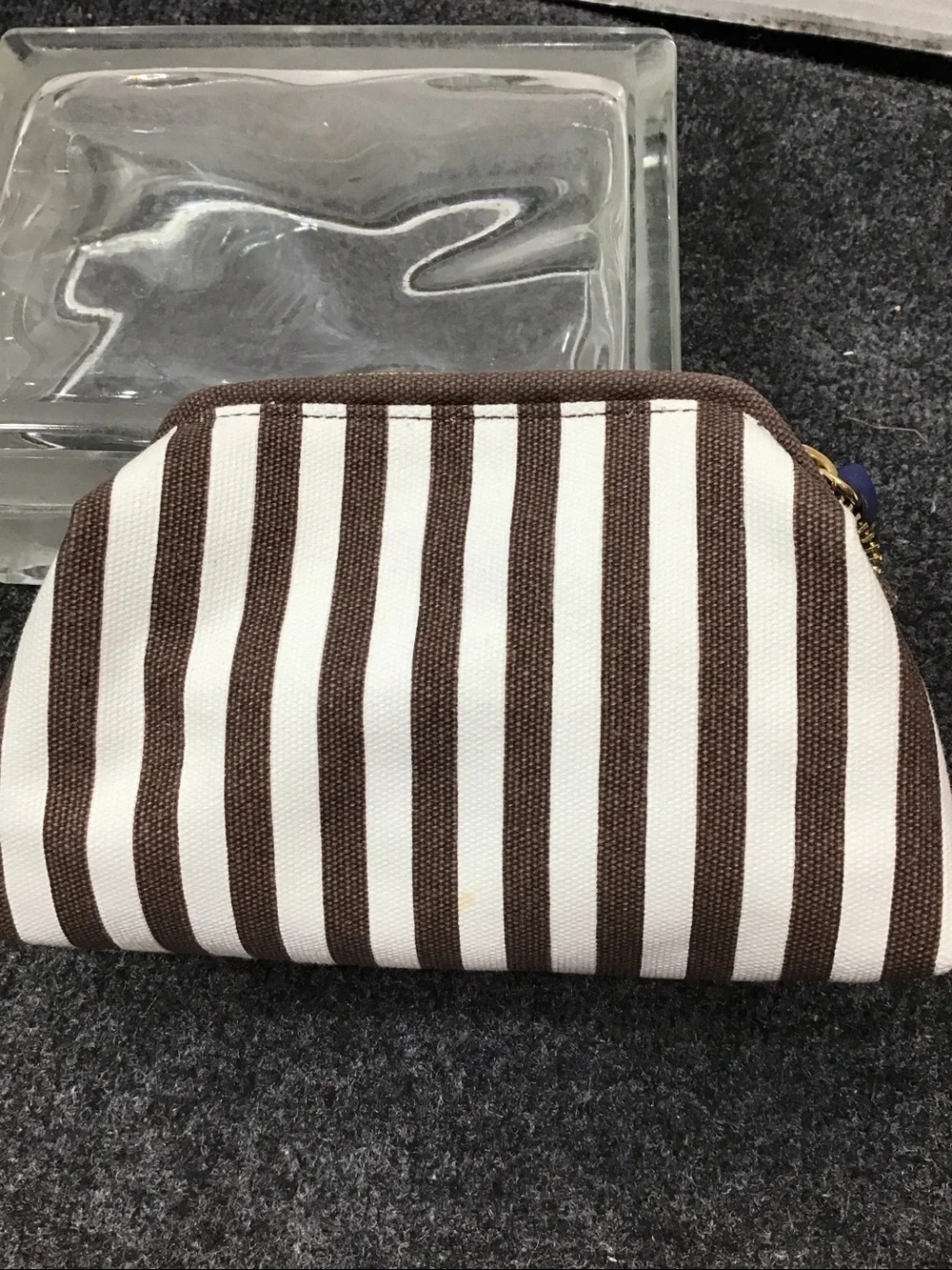 Henri Bendel iconic Centennial brown and white stripe dome cosmetic bag NIB